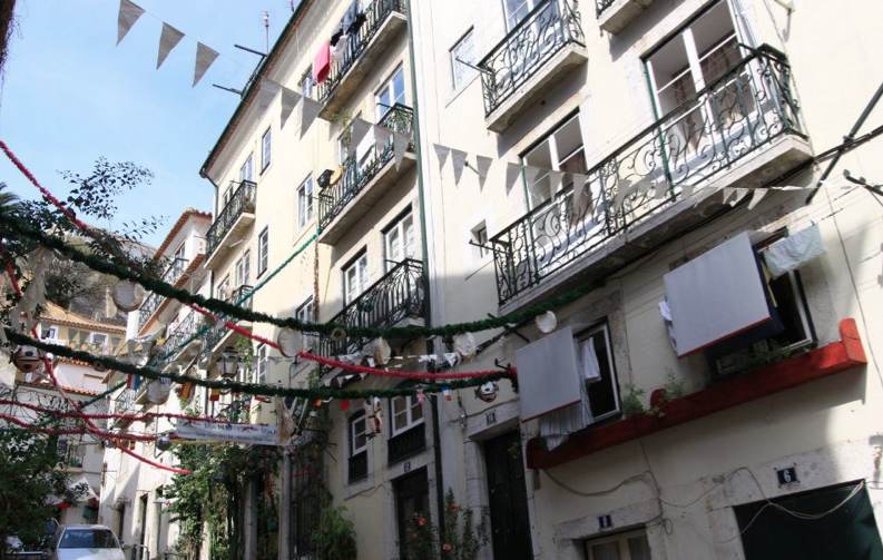 Colourful decorations in teh streets of Alfama. 