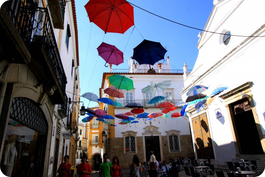 Colourful umbrellas line the streets in Evora (an hour outside of Lisbon in wine country)